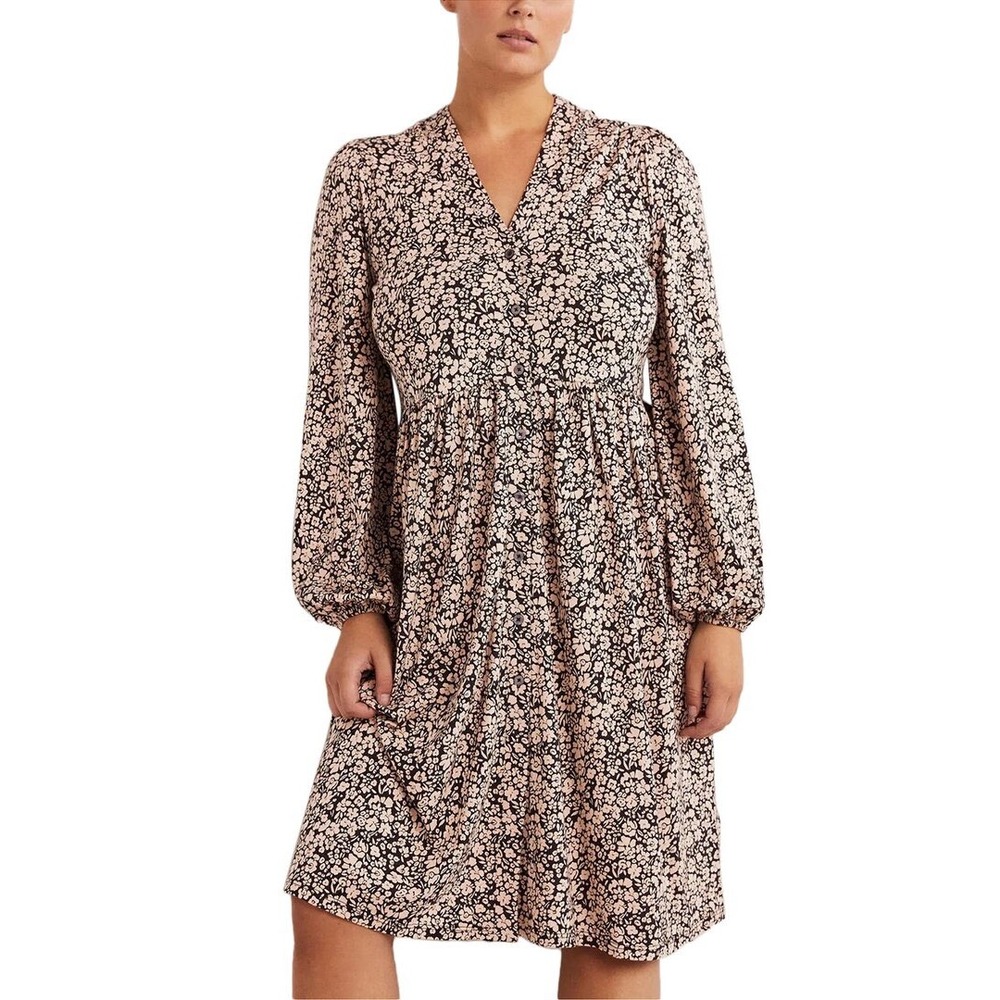 Boden Womens Dress Floral Print V Neck Button Front‎ Long Sleeve Tiered Midi 14
